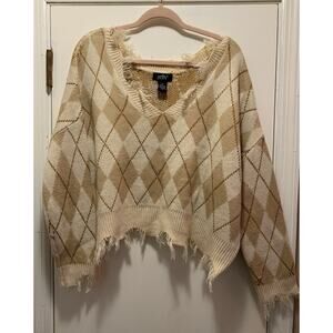 Trendy V-Neck Argyle Sweater - Cream and Tan